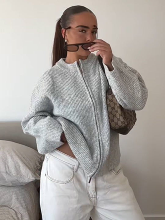 Damen kuschelige Strickjacke mit hohem Kragen und Reißverschluss R&B