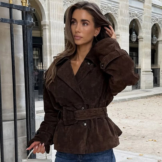 Damen modische Wildlederjacke mit Taillengürtel und voluminösen Ärmeln R&B