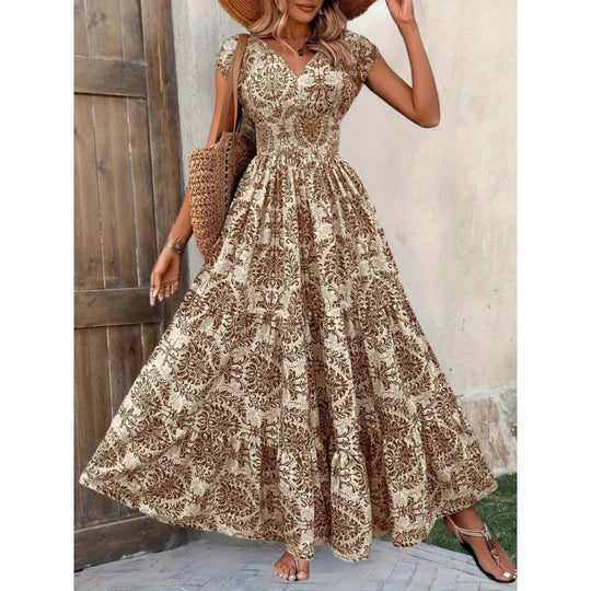 Damen Maxikleid mit nostalgischem Blumenmuster und voluminösem Rock R&B