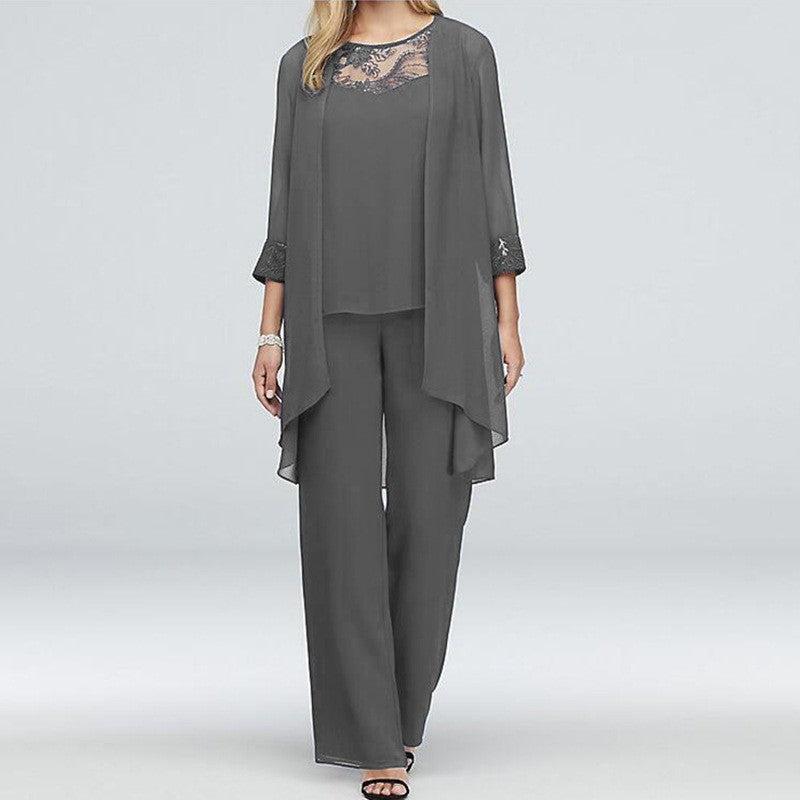 Damen nan fließendes Chiffon-Abendensemble mit Spitzenbesatz, Kimono-Cardigan und weiter Palazzohose R&B
