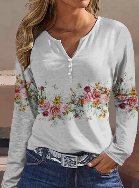 Damen Langarmshirt mit floralem Motiv und Knopfdetails R&B