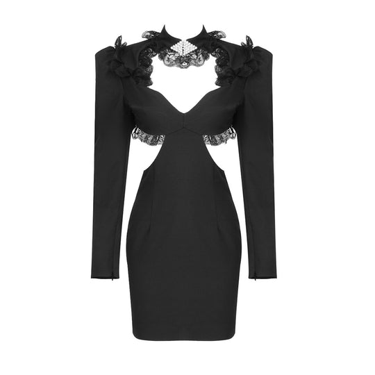 Damen elegantes Cut-Out Kleid mit Spitzenapplikationen und langen Ärmeln R&B