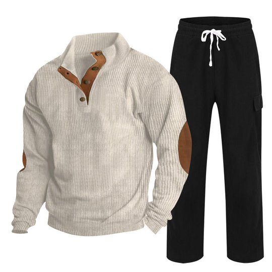 Herren nan strukturiertes Feinstrick-Halbknopf-Pullover und Feincord-Cargo-Zweiteiler R&B