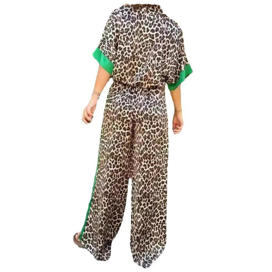 Damen eleganter Leoprint-Jumpsuit mit weiten Beinen und lockerer Passform R&B