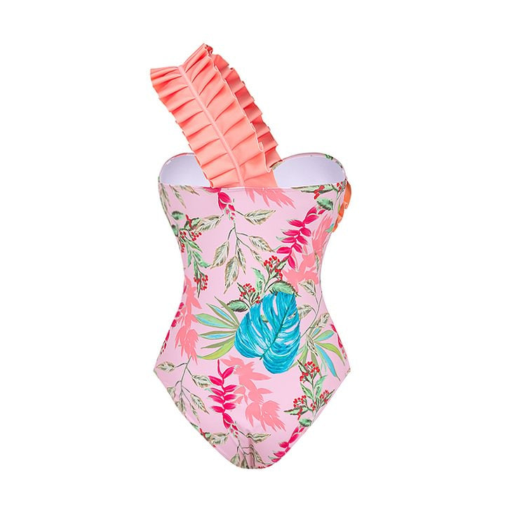 Damen Einteiler Badeanzug mit stilvollem Rüschendesign und floralem Muster R&B