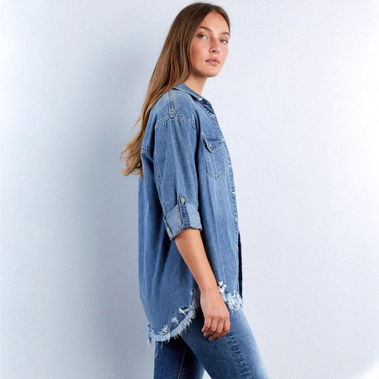 Damen Denim-Bluse mit Herz-Applikation und fransigem Saum R&B