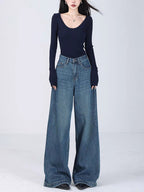 Damen Weite High-Waist Jeans mit tiefem Schritt und elegantem Schnitt R&B