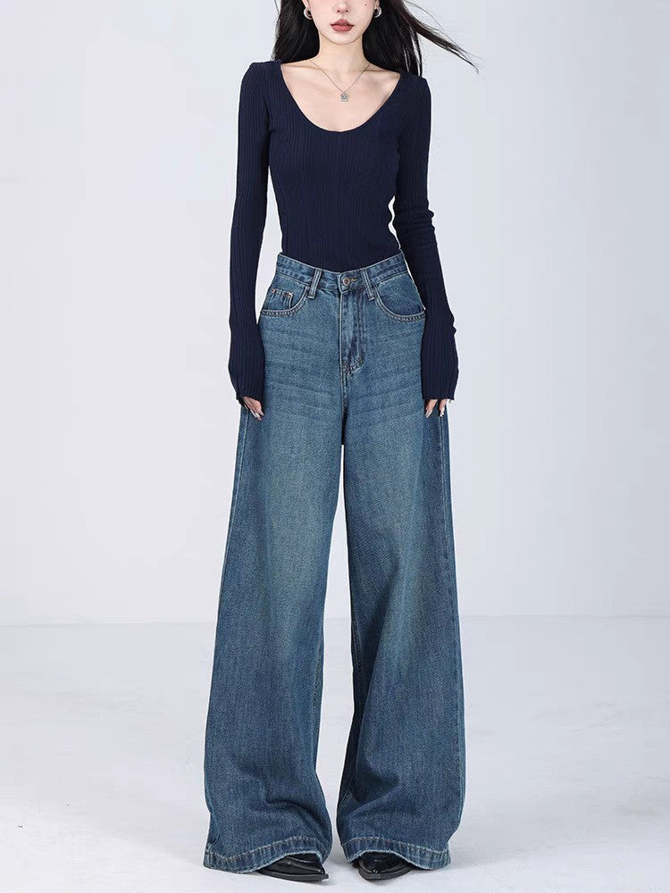 Damen Weite High-Waist Jeans mit tiefem Schritt und elegantem Schnitt R&B