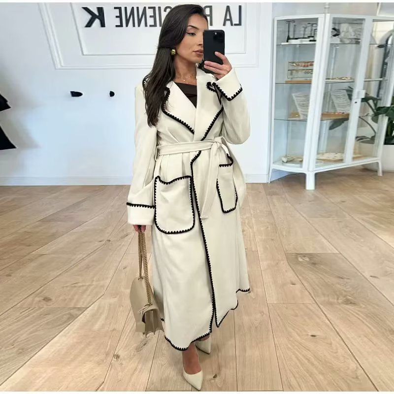 Damen elegante Übergangsjacke mit dekorativem Gürtel und hochwertigen Taschen R&B