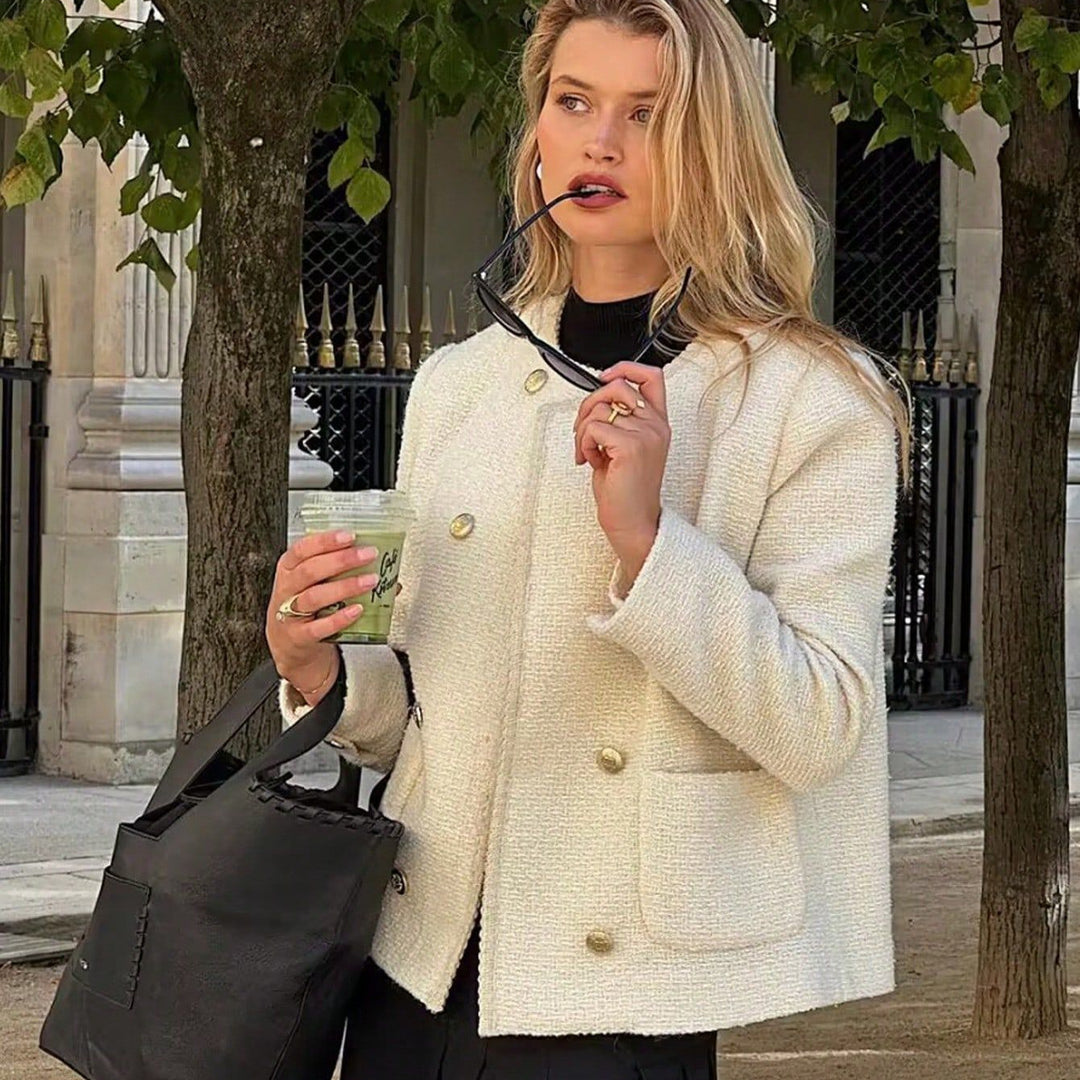 Damen elegante Bouclé-Jacke mit dekorativen Knöpfen und aufgesetzten Taschen R&B