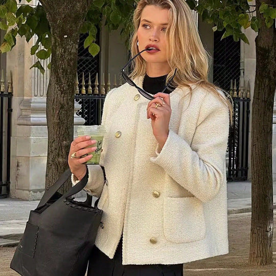Damen elegante Bouclé-Jacke mit dekorativen Knöpfen und aufgesetzten Taschen R&B