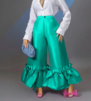 Damen Weite Satinhose mit Rüschenabschluss R&B