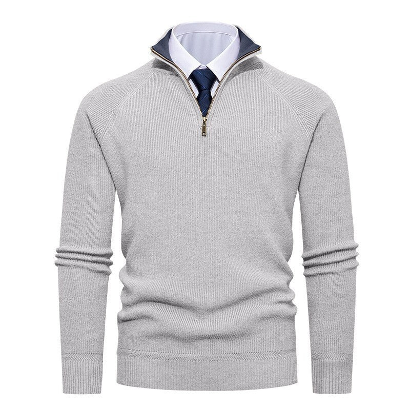 Herren nan feiner Strickpullover mit Halbzip, strukturierter Rippoptik und innen kontrastiertem Stehkragen R&B