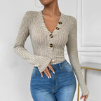 Damen Langarm-Bodys mit Knopfverschluss und Rippstruktur R&B
