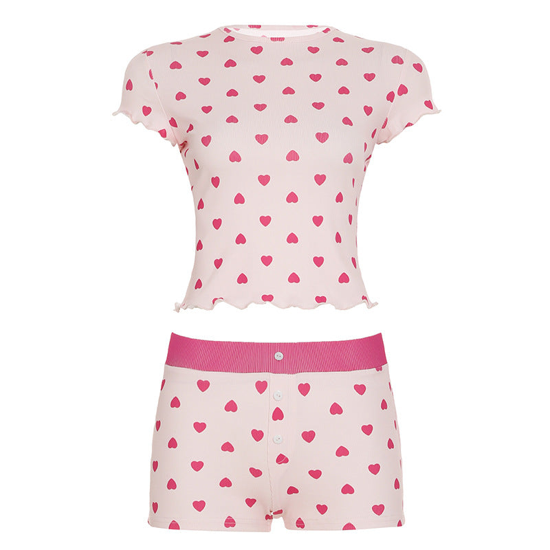Damen Pyjama Set mit herzförmigem Muster und elastischem Bund R&B