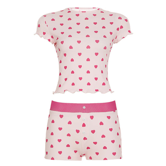 Damen Pyjama Set mit herzförmigem Muster und elastischem Bund R&B
