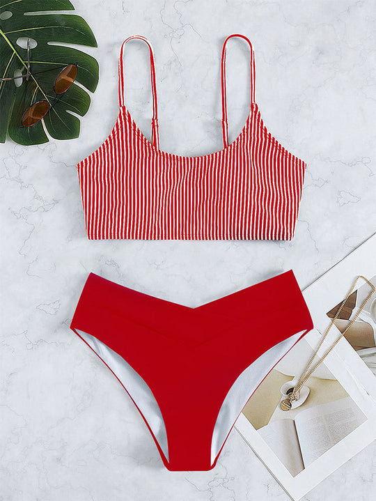 Damen Triangel-Bikini-Set mit modischem gestreiftem Oberteil und hochgeschnittenem Höschen R&B