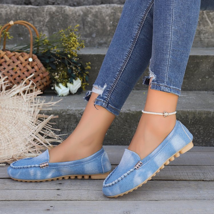 Damen nan lässige Denim-Mokassin-Slipper mit elastischem Einstieg und rutschfester Gummisohle R&B