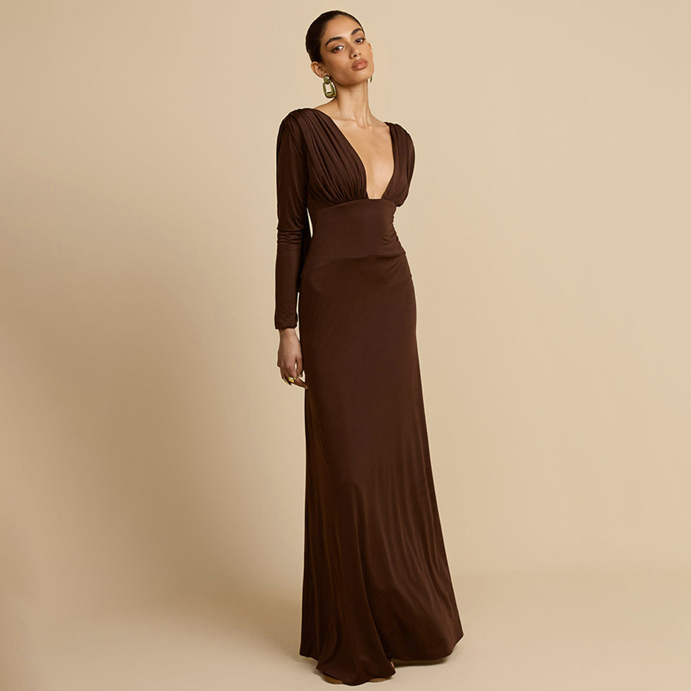 Damen Elegantes Maxikleid mit tiefem V-Ausschnitt und langen Ärmeln R&B