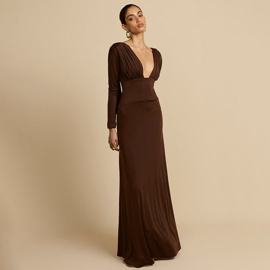 Damen Elegantes Maxikleid mit tiefem V-Ausschnitt und langen Ärmeln R&B