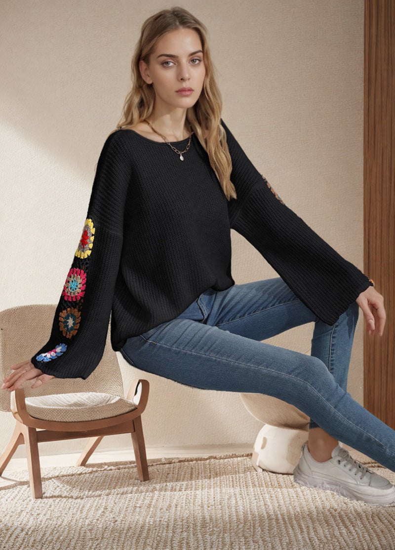 Damen gestreifter Strickpullover mit bunten Blumenapplikationen R&B