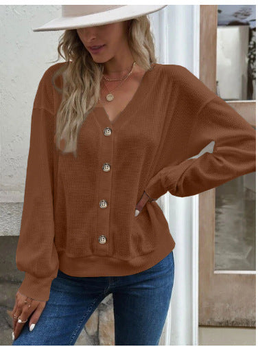 Damen Komfortabler Strickpullover mit V-Ausschnitt und Knopfleiste R&B