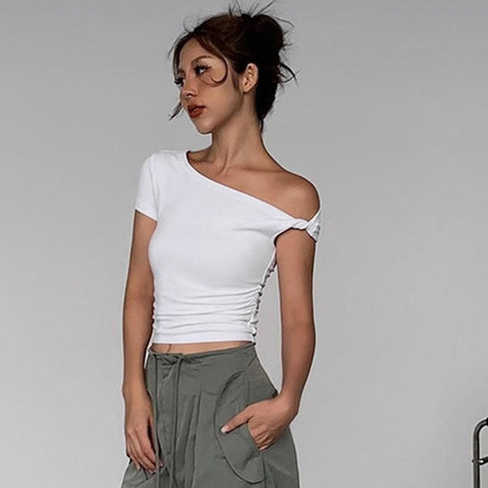 Damen Schulterfreies Crop-Top mit Raffung und modischen Knoten R&B