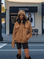 Damen Kunstlederjacke mit abnehmbarer Kapuze und voluminösen Ärmeln R&B