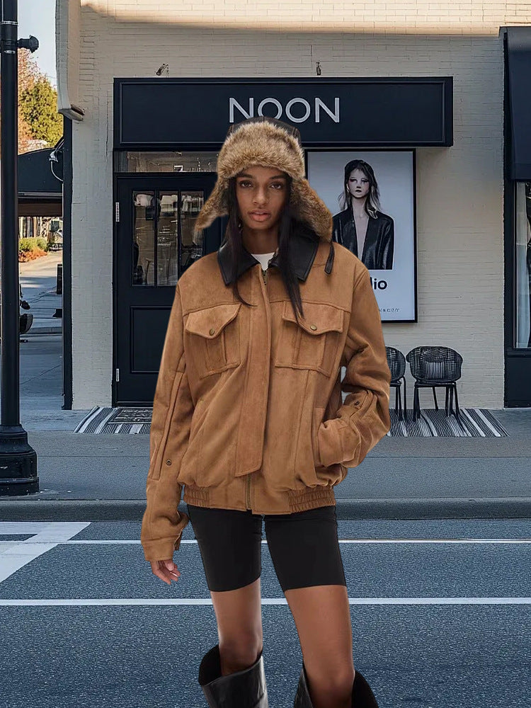 Damen Kunstlederjacke mit abnehmbarer Kapuze und voluminösen Ärmeln R&B