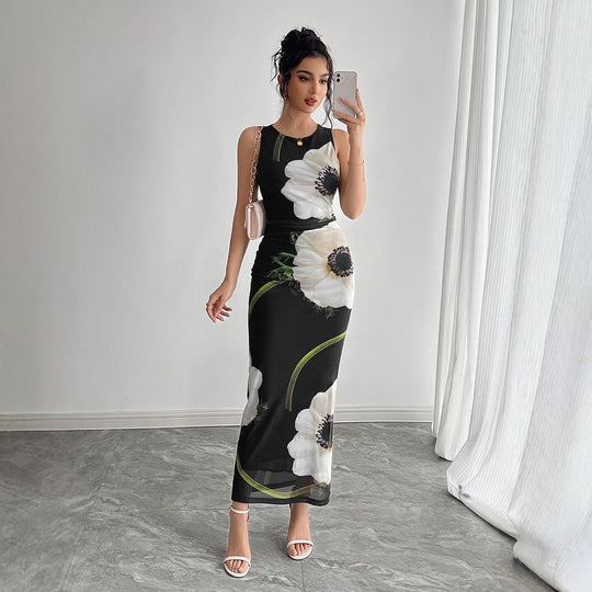 Damen nan figurbetontes ärmelloses Maxikleid mit fotorealistischem Blumenprint und taillierter Silhouette R&B