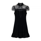 Damen Abendkleid mit transparenten Spitzenärmel und Rüschensaum R&B