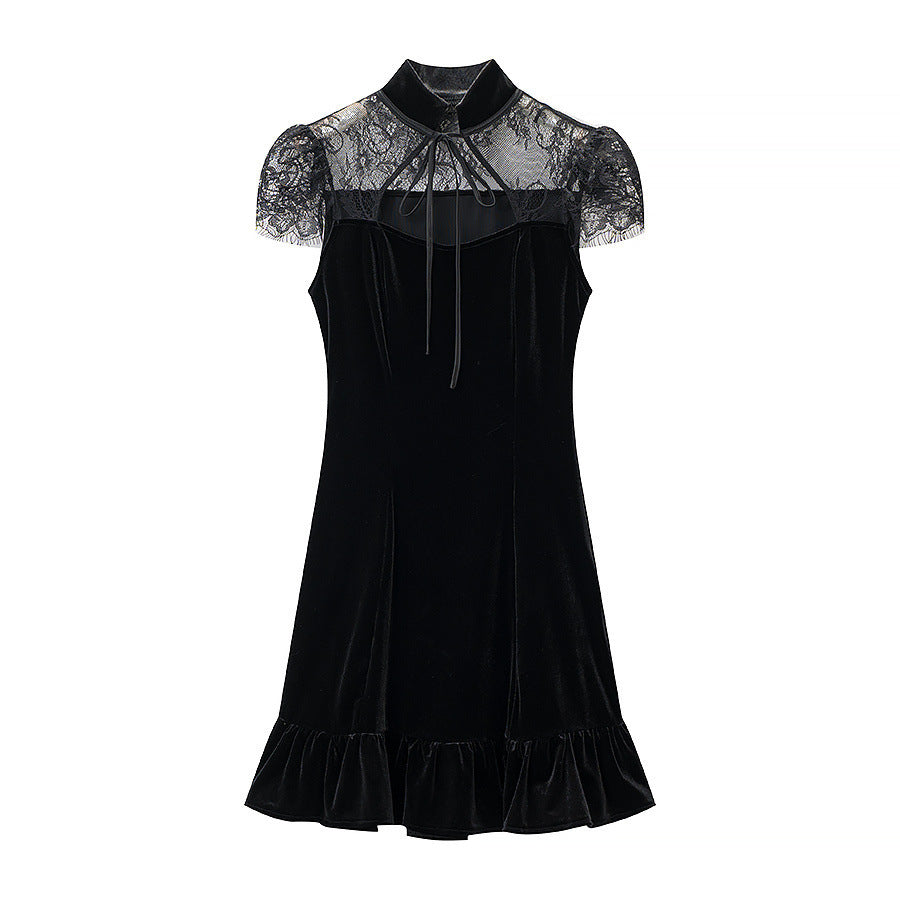 Damen Abendkleid mit transparenten Spitzenärmel und Rüschensaum R&B