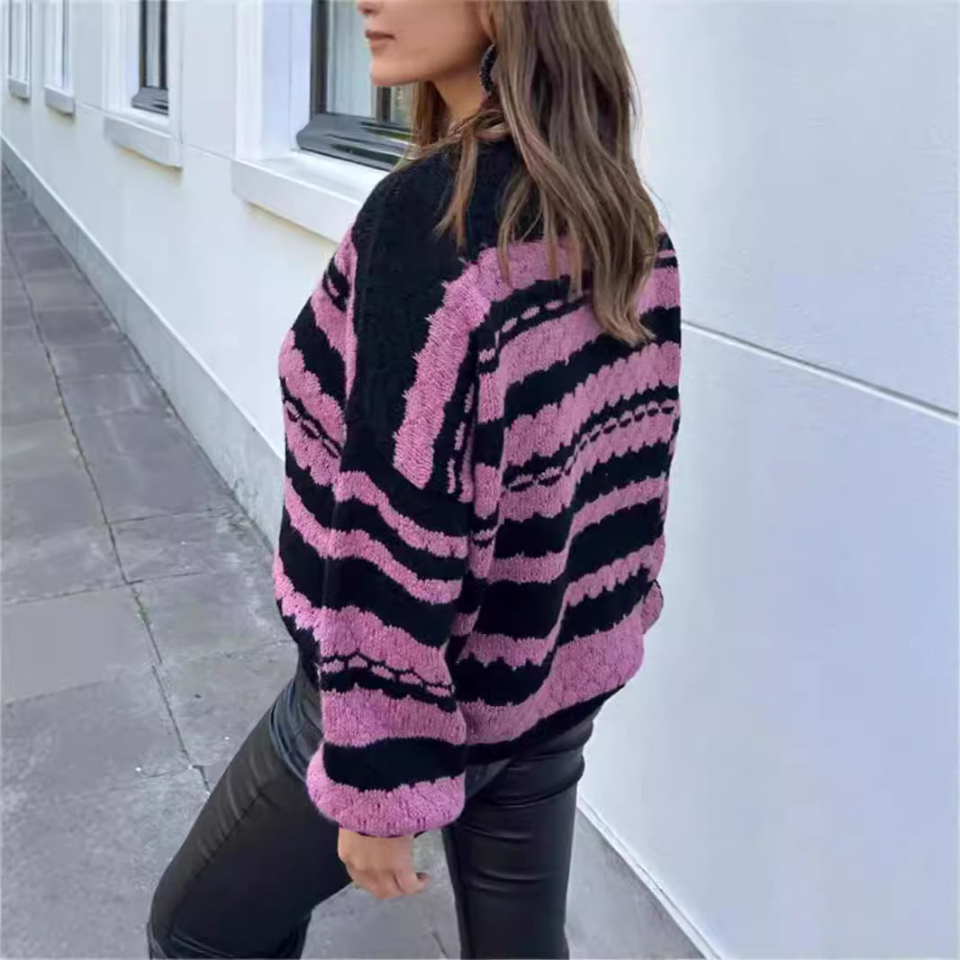 Damen gemütlicher Strickpullover mit modernem Zopfmuster und grafischen Akzenten R&B