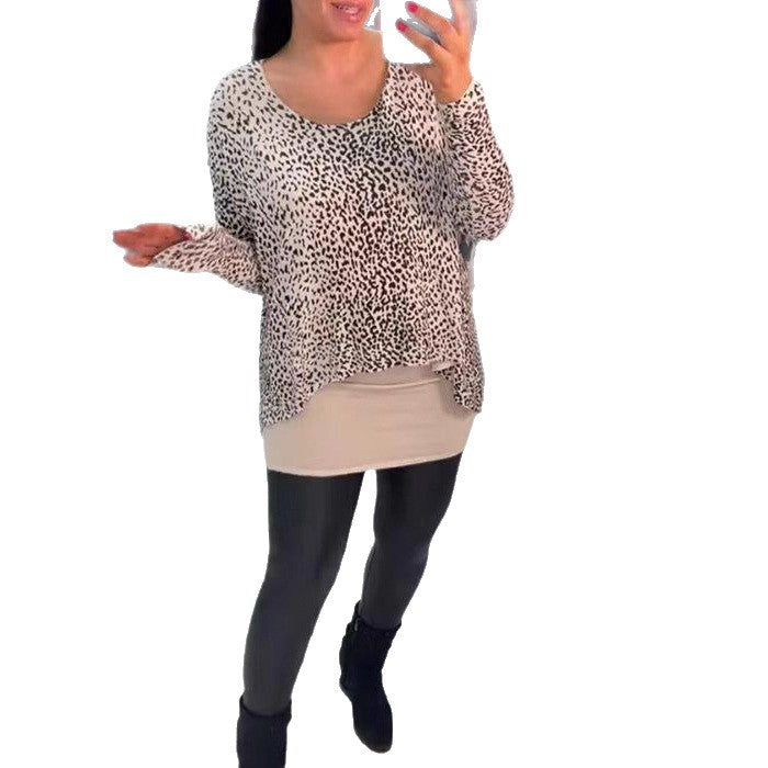 Damen nan weit geschnittenes Tunika-Longsleeve mit Leomuster, abgerundetem Saum und Lagenoptik R&B