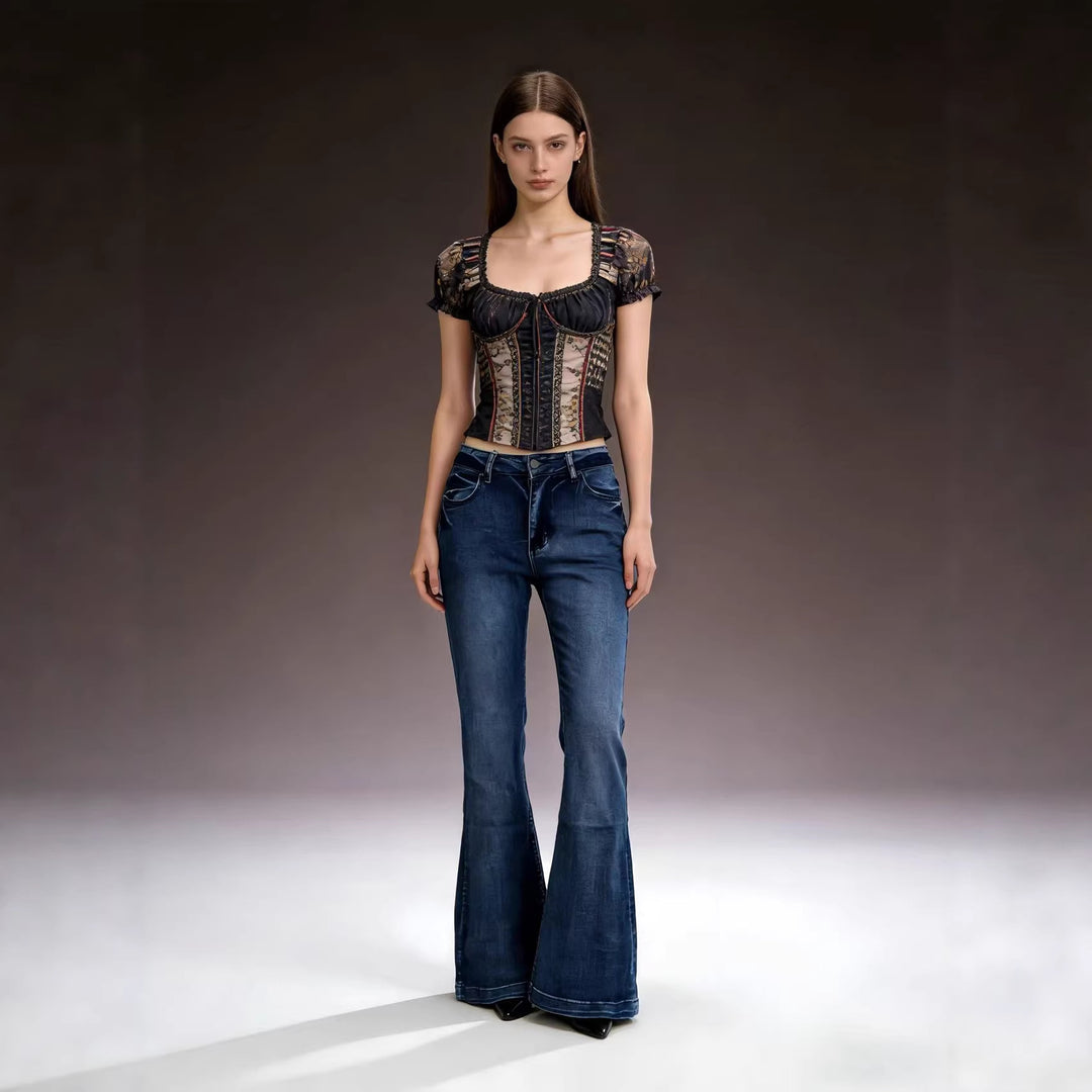 Damen elegantes cropped Oberteil mit Puffärmeln und Vintage-Stickerei R&B
