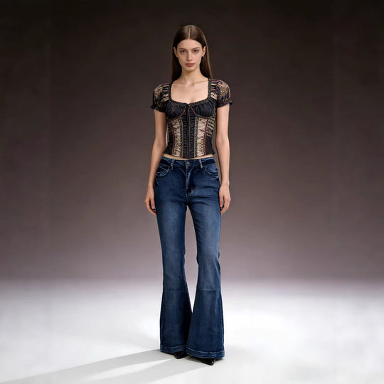 Damen elegantes cropped Oberteil mit Puffärmeln und Vintage-Stickerei R&B