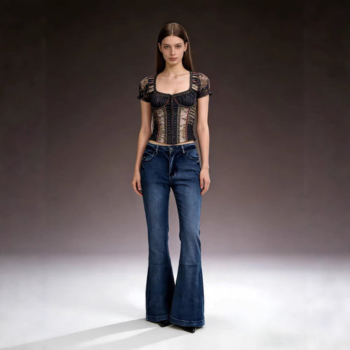 Damen elegantes cropped Oberteil mit Puffärmeln und Vintage-Stickerei R&B
