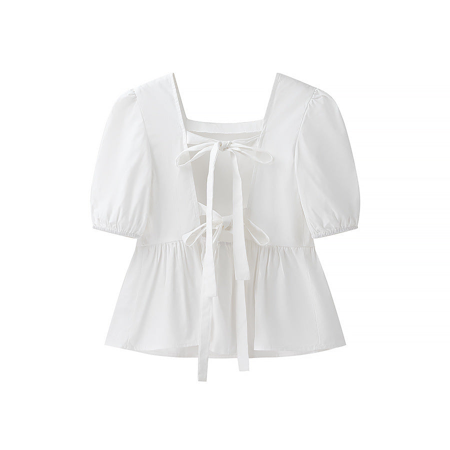 Damen bezaubernde Bluse mit Knoten-Detail und Puffärmeln R&B