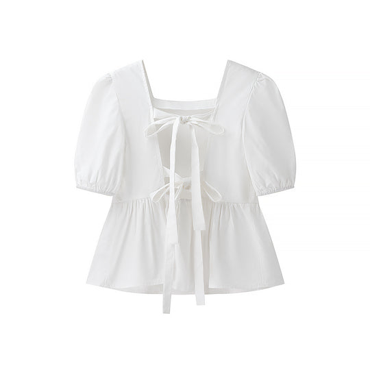 Damen bezaubernde Bluse mit Knoten-Detail und Puffärmeln R&B