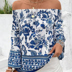 Damen Off-Shoulder Bluse mit floralen Mustern und elastischem Bündchen R&B