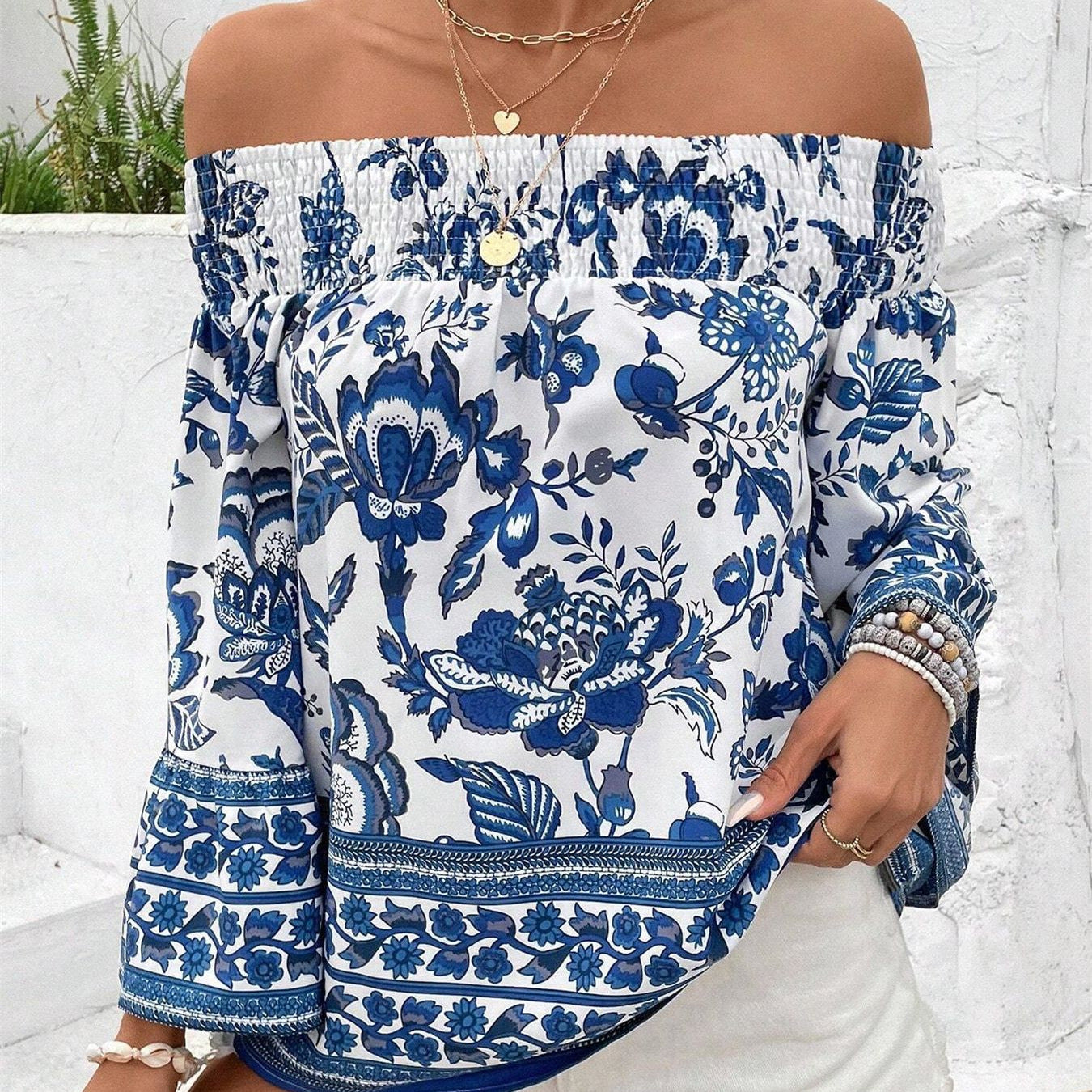 Damen Off-Shoulder Bluse mit floralen Mustern und elastischem Bündchen R&B