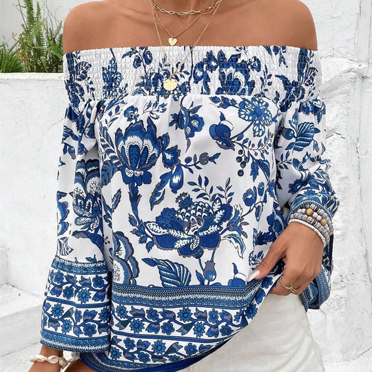 Damen Off-Shoulder Bluse mit floralen Mustern und elastischem Bündchen R&B