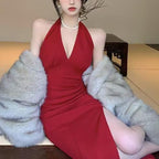 Damen elegantes Maxikleid mit tiefem V-Ausschnitt und seitlichem Schlitz