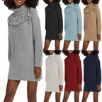 Damen Strickkleid mit hohem Rollkragen und modischen Fransen