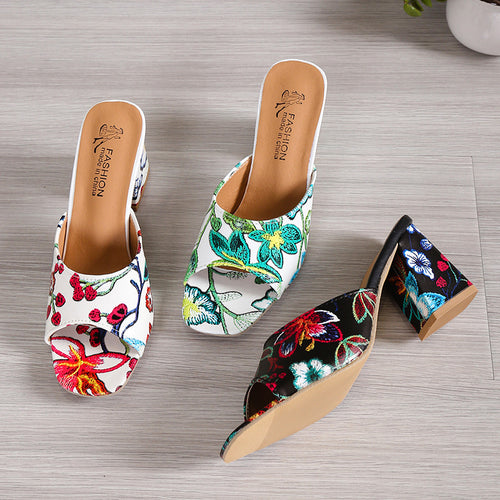Damen Offene Riemchen-Sandaletten mit floralen Applikationen und modischem Blockabsatz R&B