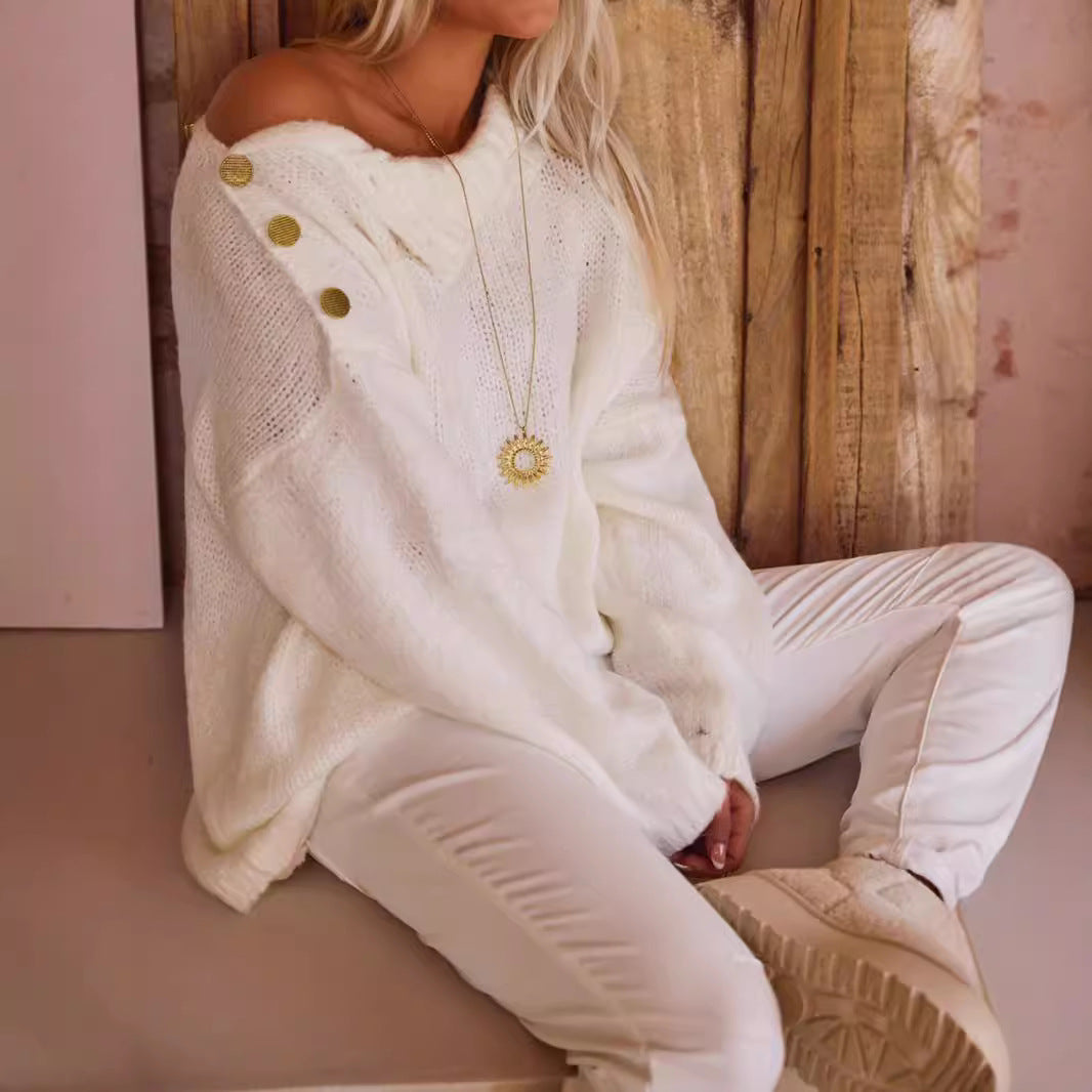 Damen Grobstrickpullover mit hohem Kragen und modischen Knopfdetails R&B