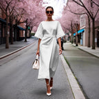Damen elegantes Midikleid mit breitem Taillengürtel und weiten Ärmeln R&B