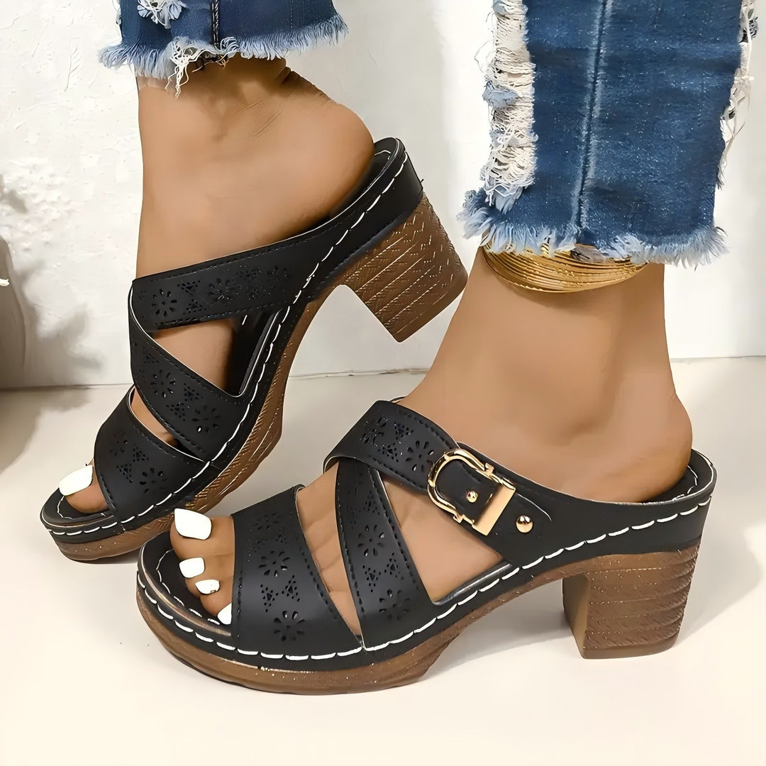 Damen offene Sandalen mit dekorativem Riemen und mittelhohem Absatz R&B