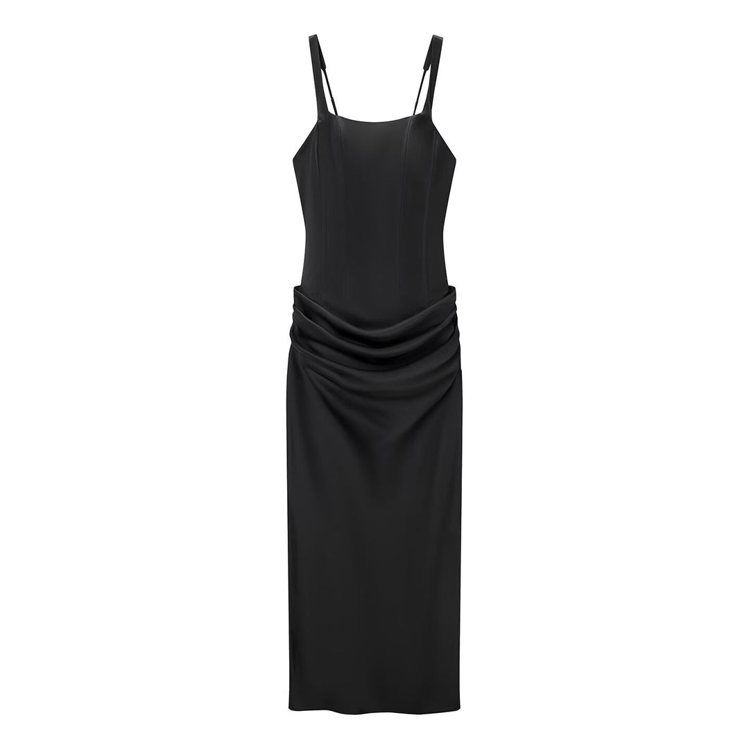 Damen elegantes Midikleid mit raffinierten Drapierungen und verstellbaren Spaghettiträgern R&B