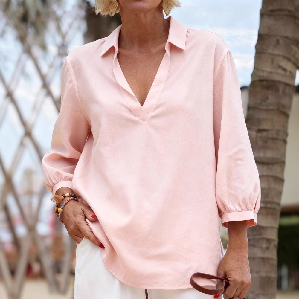Damen Bluse mit lässigem V-Ausschnitt und elastischen Ärmeln R&B